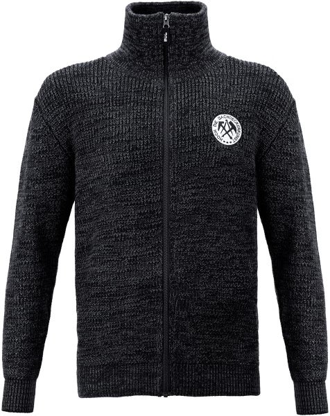 Strickjacke für Herren mit Reißverschluss, Stehkragen und Dachdecker-Zunftlogo auf der Brust.