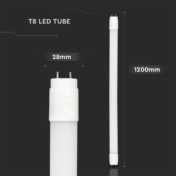 T8 LED Röhre mit einer Länge von 1200 Millimetern und einem Durchmesser von 28 Millimetern.