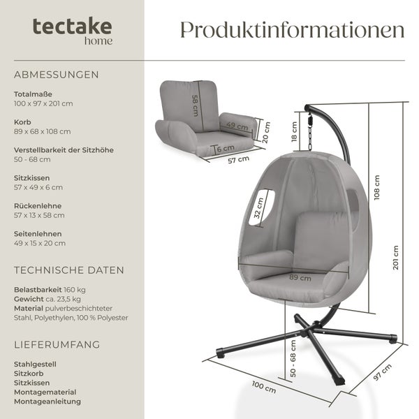 Hängesessel tectake Anika inklusive Schutzhülle, 100 x 97 x 201 cm mit extra dickem Sitzkissen, 360° drehbar hellgrau