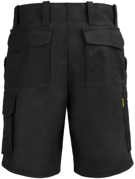 Rückansicht einer schwarzen Arbeitsshorts mit mehreren Taschen, Gürtelschlaufen und strapazierfähigem Gewebe.