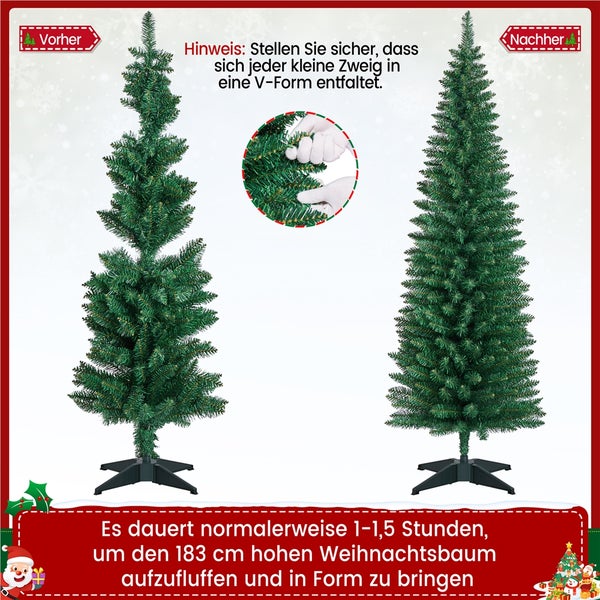 Vorher-Nachher-Darstellung eines 183 cm hohen Weihnachtsbaums, der aufgeflufft und in Form gebracht wird.