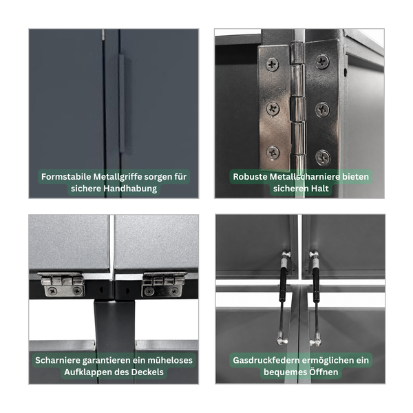Detailansicht einer Metallbox mit Fokus auf Metallgriffe, robuste Metallscharniere und Gasdruckfedern für einfaches Öffnen.