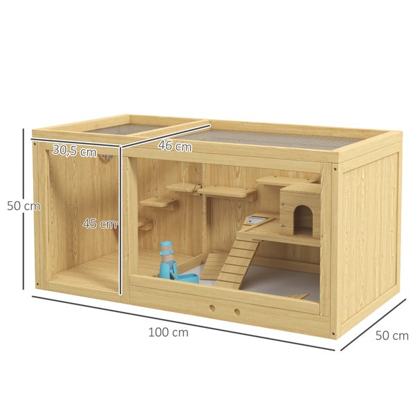 PawHut Hamsterkäfig aus Holz, 100 cm Kleintierstall, Kleintierkäfig Spielhaus für Gerbils Nagerkäfig mit Schaukeln, Leitern, zu öffnendes Dach, Hütte, Natur
