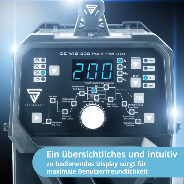 Detailansicht des Bedienfelds eines Schweissgeräts DC WIG 200 Puls Pro Cut von Stahlwerk