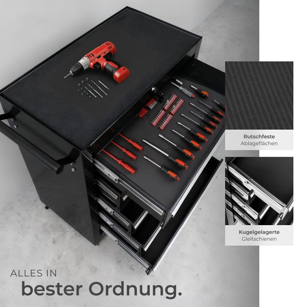 Werkzeugwagen mit Werkzeugen und Bohrmaschine