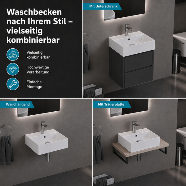 Weißes Keramikwaschbecken in drei verschiedenen Montagevarianten: wandhängend, mit Unterschrank oder auf einer Trägerplatte montiert.