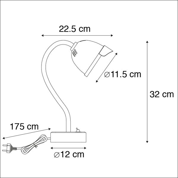 Technische Zeichnung einer Schreibtischlampe mit Maßen