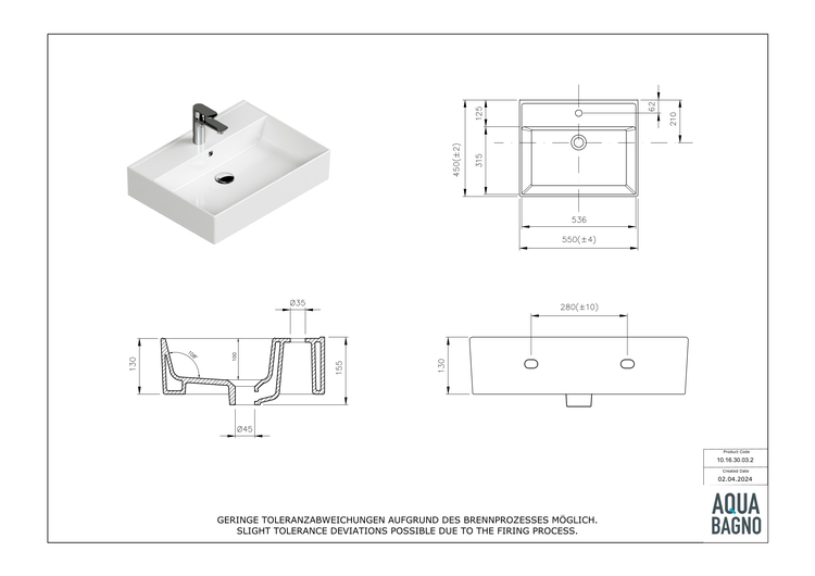 Aqua Bagno Basic Plan Waschbecken 10.16.30.03.2 – 55 x 45 cm – Weiß Hochglanz – Keramikbecken mit Hahnloch & Überlauf