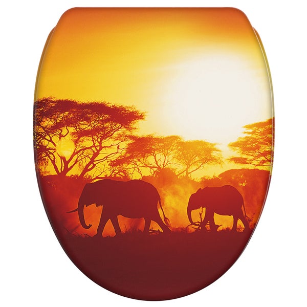 Toilettensitz mit aufgedrucktem afrikanischem Savannenmotiv inklusive Elefanten und Sonnenuntergang