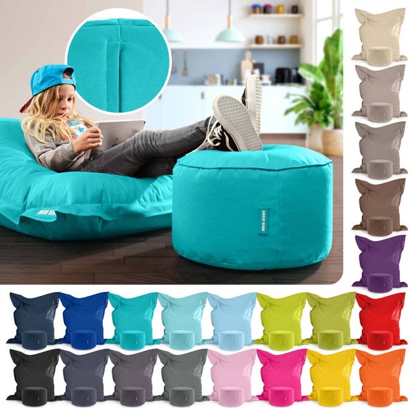 Green Bean 2er Set XXL Sitzsack inkl. Pouf fertig befüllt mit EPS-Perlen - Riesensitzsack 140x180 Lounge Sitz-Kissen Bean-Bag Chair  - Türkis
