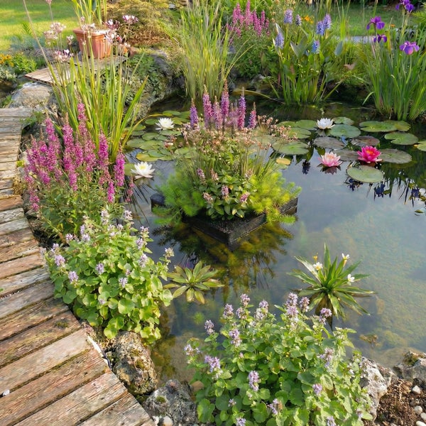 Heller Gartenteich mit verschiedenen Wasserpflanzen wie Seerosen und blühenden Stauden, begrenzt durch einen Holzsteg und Steine.