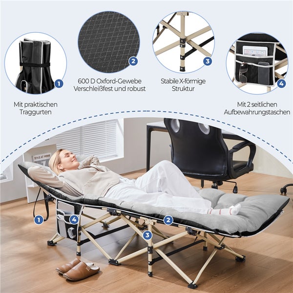 Faltbare Campingliege mit Polsterung, Metallrahmen und seitlichen Taschen. Details zeigen Tragegurte, robustes Oxford Gewebe und die X-förmige Struktur.