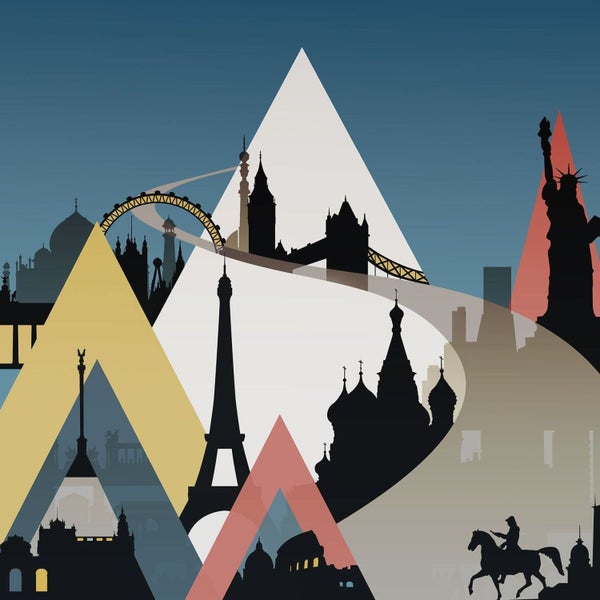 Illustration verschiedener Sehenswürdigkeiten wie Eiffelturm und Freiheitsstatue