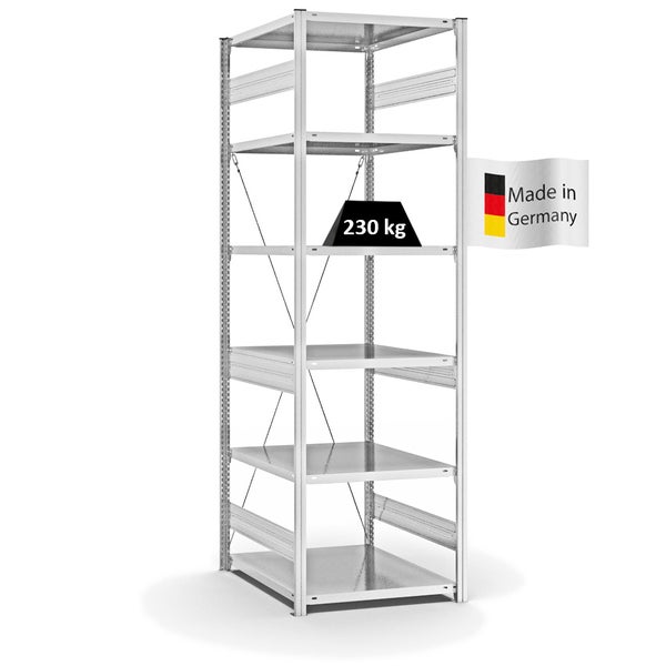 PROREGAL Fachbodenregal Stecksystem T-Profil Medium-Duty Grundregal HxBxT 250 x 75 x 80 cm 6 Ebenen Fachlast 230 kg Einseitig Nutzbar Lichtgrau