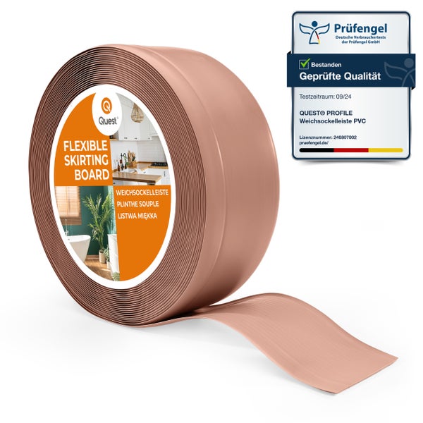 Eine Rolle Quest Profil Weichsockelleiste aus PVC mit Prüfengel Prüfsiegel für geprüfte Qualität