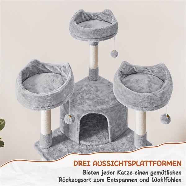 Grauer Katzenkratzbaum mit drei Aussichtsplattformen und Katzenhaus