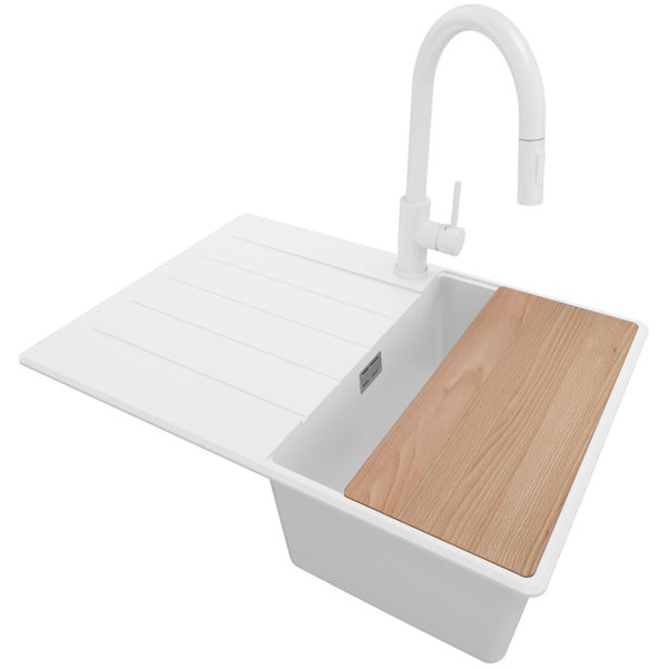 PRIMAGRAN Granitspüle Schwarz 78x53cm, Spülbecken 2 Becken + Küchenarmatur 40x20cm + Ablauf-Set + Küchenzubehörset, Küchenspüle ab 80er Unterschrank - Paris