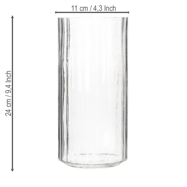 Zylindrische Glasvase mit vertikalen Rillen, Höhe 24 Zentimeter, Durchmesser 11 Zentimeter