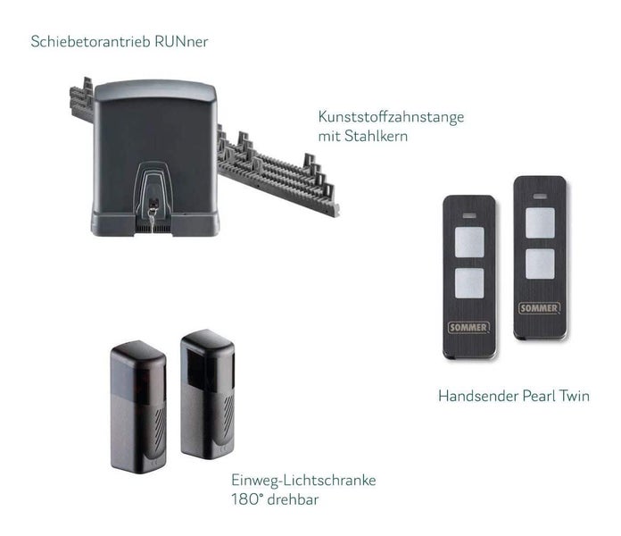 Schiebetorantrieb RUNner, Kunststoffzahnstange mit Stahlkern, Einweg Lichtschranke drehbar, Handsender Pearl Twin und Sommer Logo
