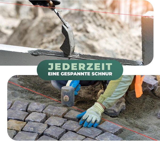Maurerschnur im Einsatz zum Ausrichten von Mauersteinen und Pflastersteinen auf einer Baustelle.