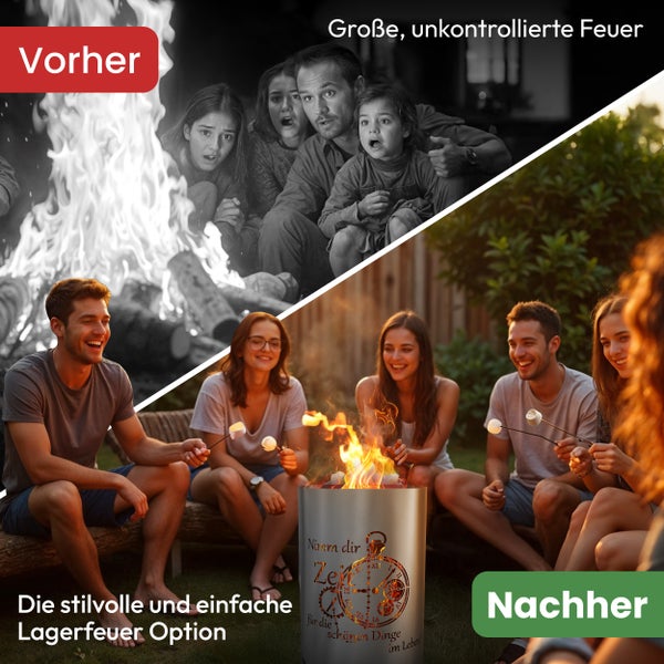 Vorher und Nachher Vergleich: Ungeregeltes Lagerfeuer versus sichere Feuerstelle, umgeben von Menschen beim Marshmallow rösten.