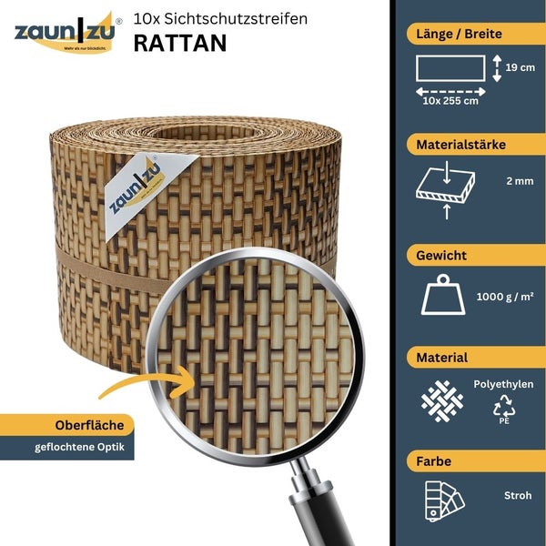 Zehn Sichtschutzstreifen Rattan mit geflochtener Optik aus Polyethylen, 19 mal 255 Zentimeter