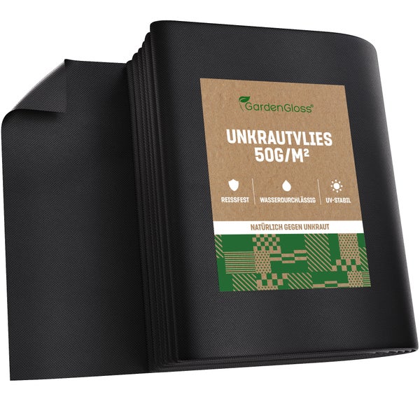 GardenGloss® 30m² Unkrautvlies Gartenvlies gegen Unkraut – Unkrautfolie Wasserdurchlässig – Reißfestes Unkrautflies 50g/m² – Hohe UV-Stabilisierung (15m x 2m, gefaltet)