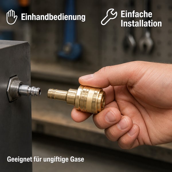 Eine Hand hält eine Schnellkupplung aus Messing zur Verbindung mit einem Gasanschluss. Symbole zeigen Einhandbedienung und einfache Installation an.