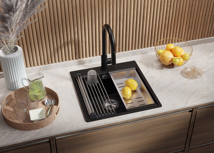 PRIMAGRAN Granitspüle Schwarz Metallic 48x50cm, Spülbecken 1 Becken + Küchenarmatur 40x20cm + Ablauf-Set + Aufrollbare Abtropffläche, Küchenspüle ab 50er Unterschrank - Oslo