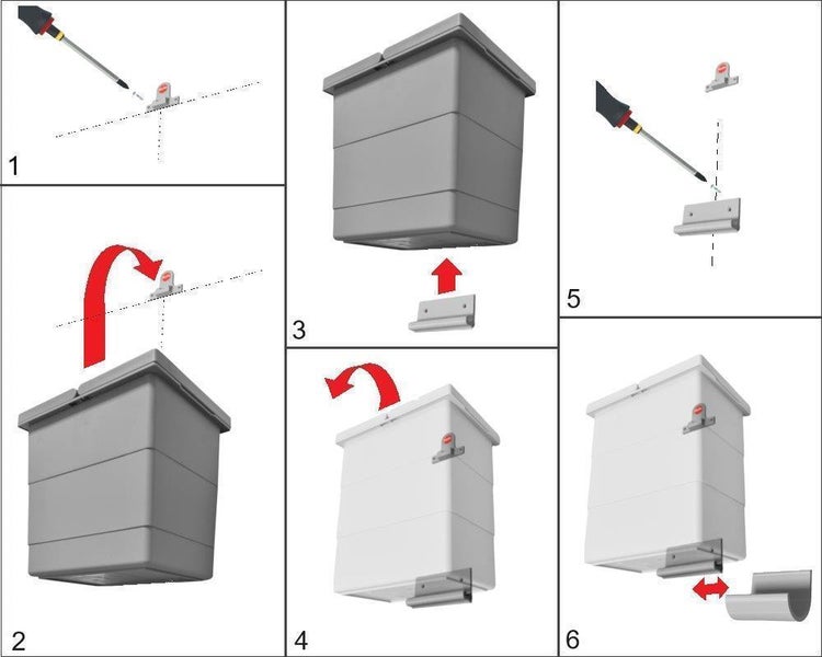 Montageanleitung in sechs Schritten zur Installation eines Wandbehälters mit Einhängevorrichtung.