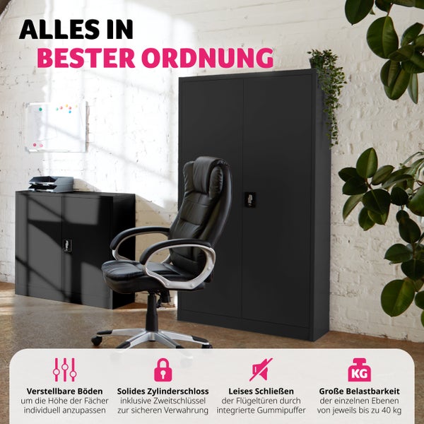 Aktenschrank tectake  140 x 90 x 40 cm aus pulverbeschichtetem Stahl schwarz