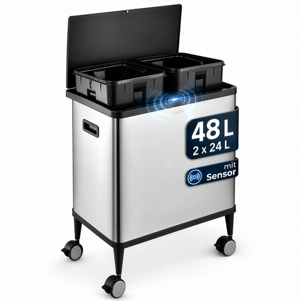 Mobiler Abfalleimer aus Edelstahl mit Sensor, 48 Liter Fassungsvermögen, aufgeteilt in zwei 24-Liter-Inneneimer, mit geöffnetem Deckel.