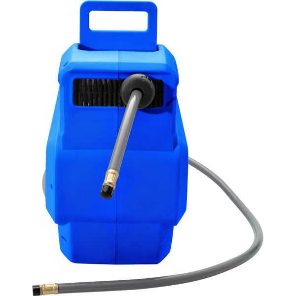 Blaue Gartenschlauchbox mit grauem Schlauch