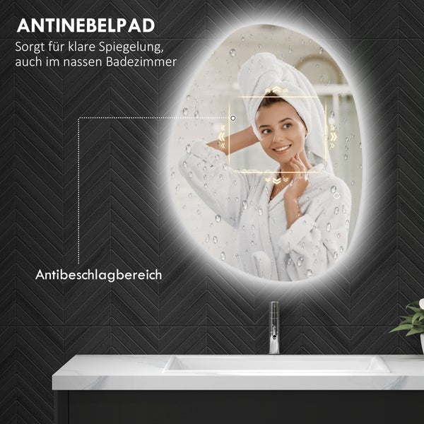 Ovaler Badspiegel mit LED-Beleuchtung und Antibeschlagfunktion über einem Waschbecken