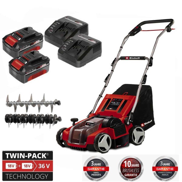 Einhell Akku-Vertikutierer-Lüfter, zwei 18 Volt Akkus, zwei Ladegeräte, zwei Walzen, 36 Volt Twin-Pack Technik, Einhell Logo und Garantiesiegel.