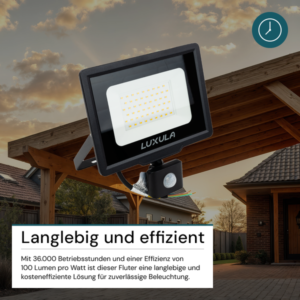 LUXULA LED Außenstrahler mit Bewegungsmelder 50W Strahler 4000K Neutralweiß 5000lm Fluter Schwarz IP65