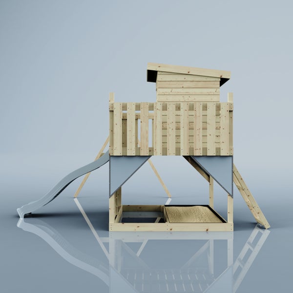 Spielturm aus Holz mit Doppelschaukel, Wellenrutsche, Kletterwand und Sandkasten.