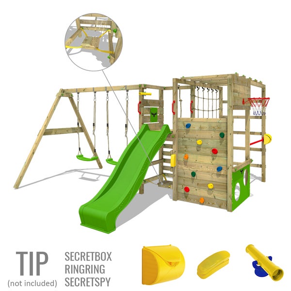 FATMOOSE Klettergerüst Spielturm ActionArena mit Schaukel und Rutsche, Gartenspielgerät mit Leiter und Spiel-Zubehör - apfelgrün