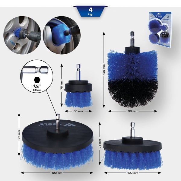 Brilliant Tools Reinigungsbürsten Set, vier Teile, zur Reinigung von Autofelgen