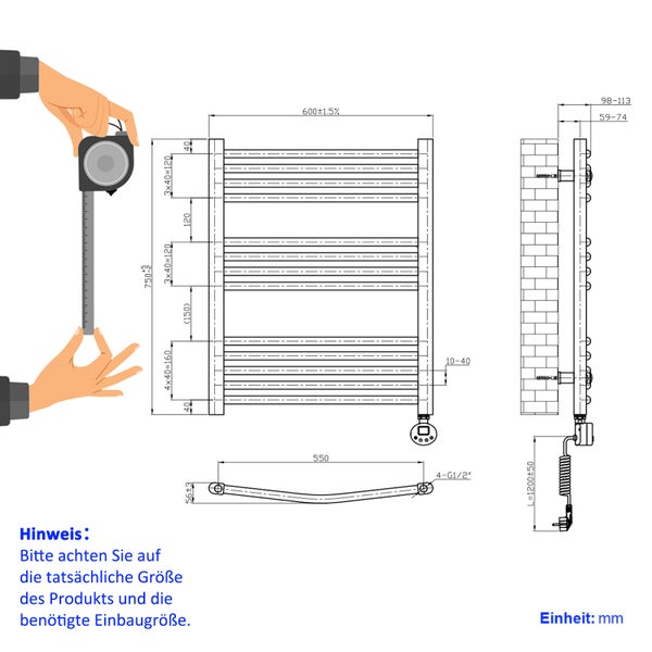 EMKE Elektrischer Badheizkörper 750×600 mm, 300 W, Runder Handtuchwärmer mit Heizstab & Thermostat, Temperaturregelbar & Timer, für Badezimmer, Anthrazit