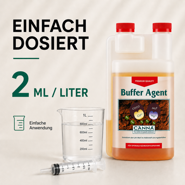 Canna Buffer Agent zur pH Wert Stabilisierung mit Messbecher und Dosierspritze für eine einfache Dosierung von zwei Milliliter pro Liter.
