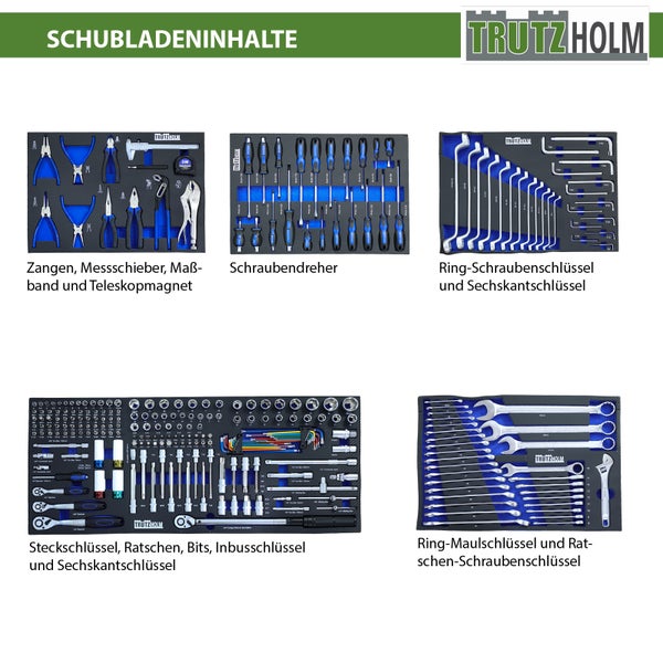 Trutzholm Logo. Werkzeugset für Werkstattwagen mit fünf Schubladeneinlagen: Zangen, Schraubendreher, Steckschlüssel, Ring- und Maulschlüssel.