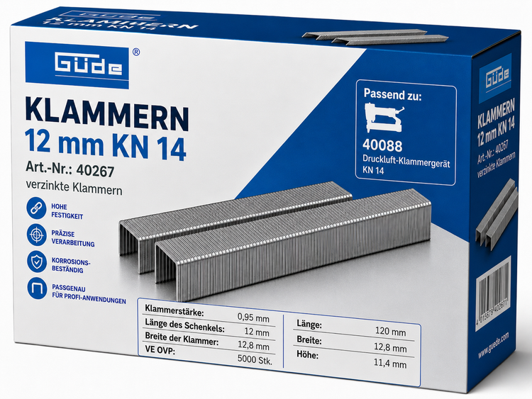 Güde Klammern 12 mm KN 14 verzinkt im Karton mit 5000 Stück passend für Druckluft Klammergerät 40088