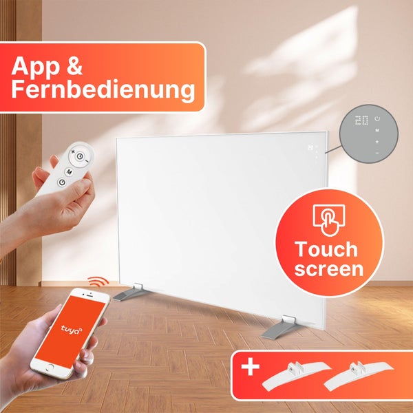 Sollero 450W Infrarotheizung Smart — Dual-Heizung, Stand- oder Wandmontage — WLAN-App, Fernbedienung, Timer — Inkl. Standfüße — Weiß, energiesparend