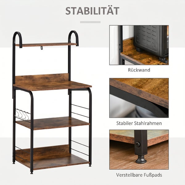 Küchenregal aus Holzwerkstoff mit Metallrahmen, drei Ablagen, Rückwand und verstellbaren Füßen zur Aufbewahrung von Küchengeräten.