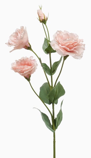 Künstliche Blume, hellrosa Rose aus Textilmaterial mit grünem Stiel und Blättern.