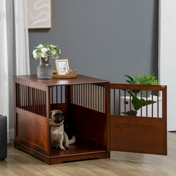 PawHut Hundekäfig, Haustierkäfig, Hundehütte für mittelgroße Hunde, Hundebox Indoor, Tierkäfig mit abschließbarer Tür, Braun, 80,5 x 59,5 x 67,5 cm