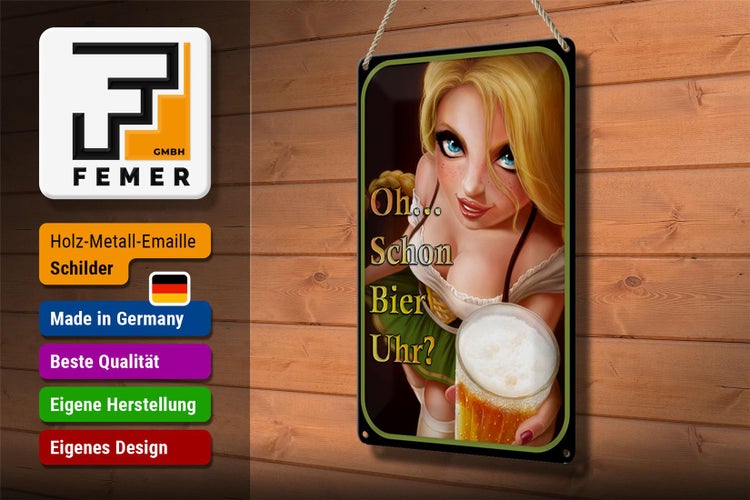 Blechschild Spruch 20x30cm Pinup Oh schon Bier Uhr