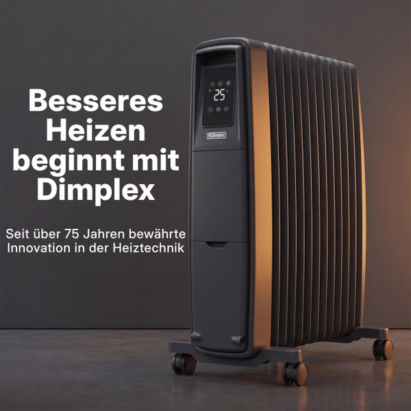Mobiler Dimplex Ölradiator mit digitalem Display zur präzisen Temperaturregelung auf Rollen.