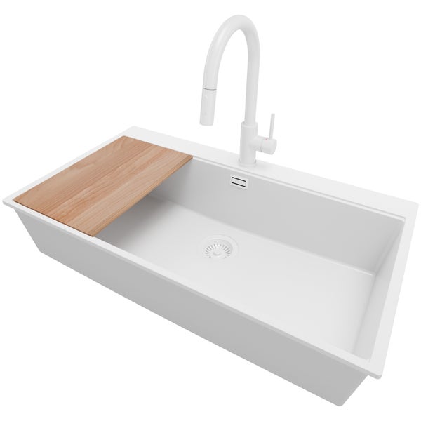 PRIMAGRAN Granitspüle Alles Weiß 88x50cm, Spülbecken 1 Becken + Küchenarmatur 40x20cm + Ablauf-Set + Schneidebrett, Küchenspüle ab 90er Unterschrank - Oslo